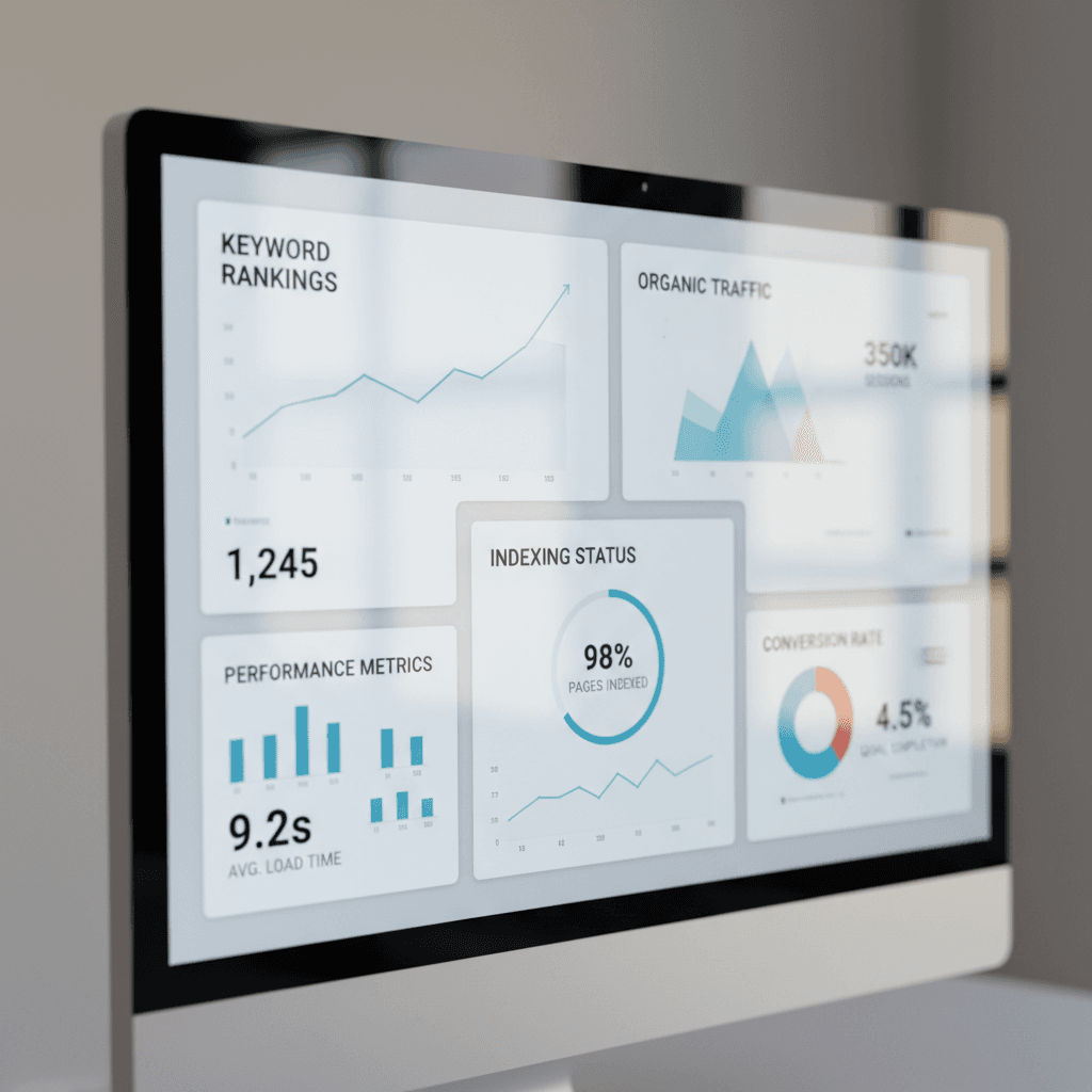 Extreme close-up of computer screen displaying detailed website analytics dashboard with colorful charts and performance metrics