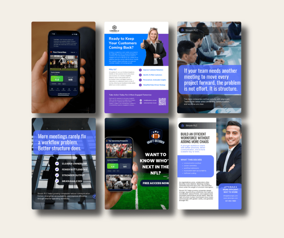 Six professional marketing graphics displaying business flyers, mobile app interfaces, and corporate consulting services.